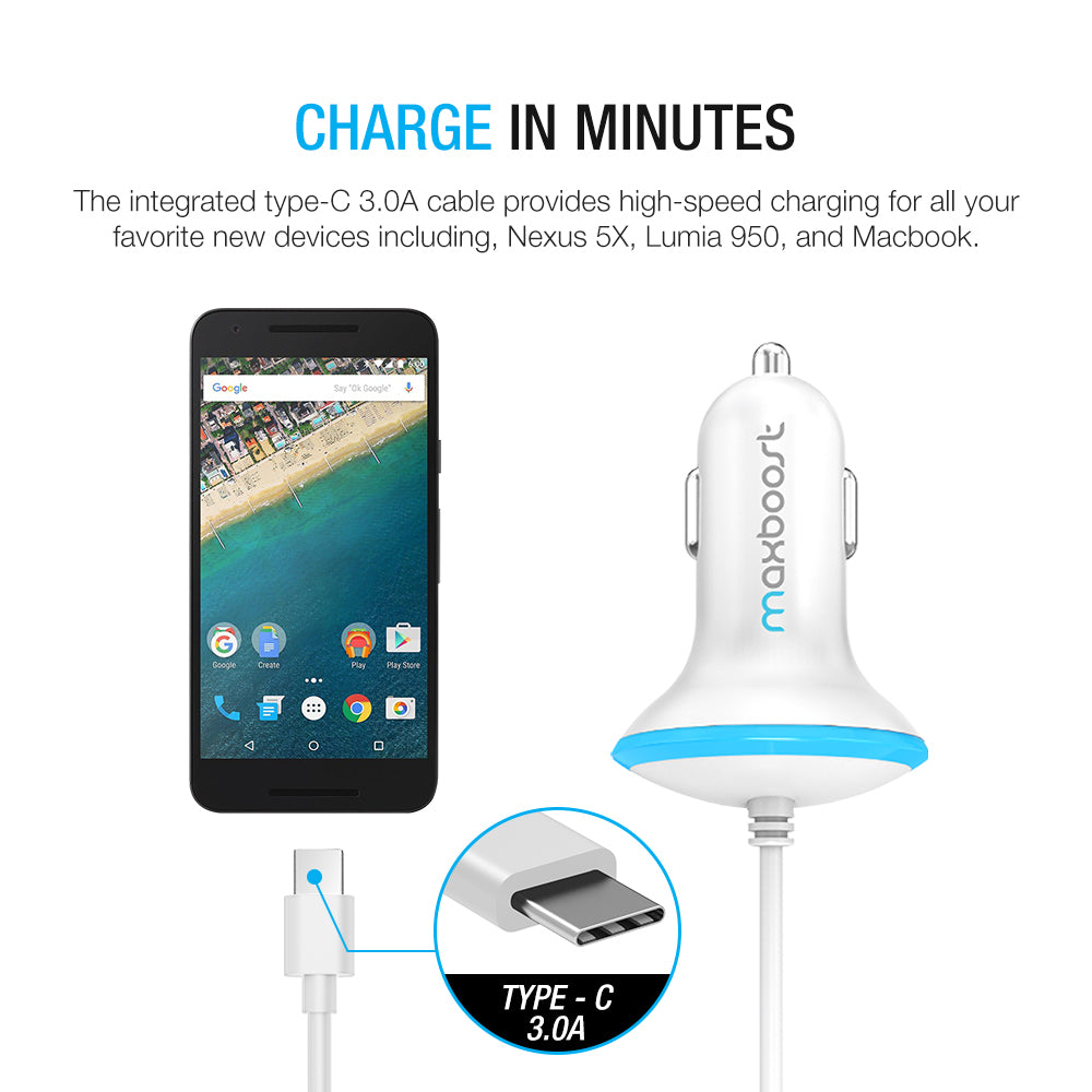 Maxboost Car Charger 1-Port with Type-C Cable - White