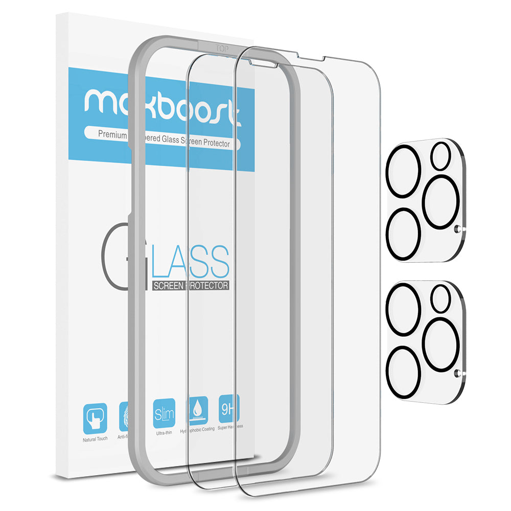 Maxboost 2 Pack Screen Protector Compatible for iPhone 13 Pro Max [6.7 inch] with 2 Pack Camera Lens Protector (Tempered Glass Protector Designed for Otterbox Defender Case Friendly)