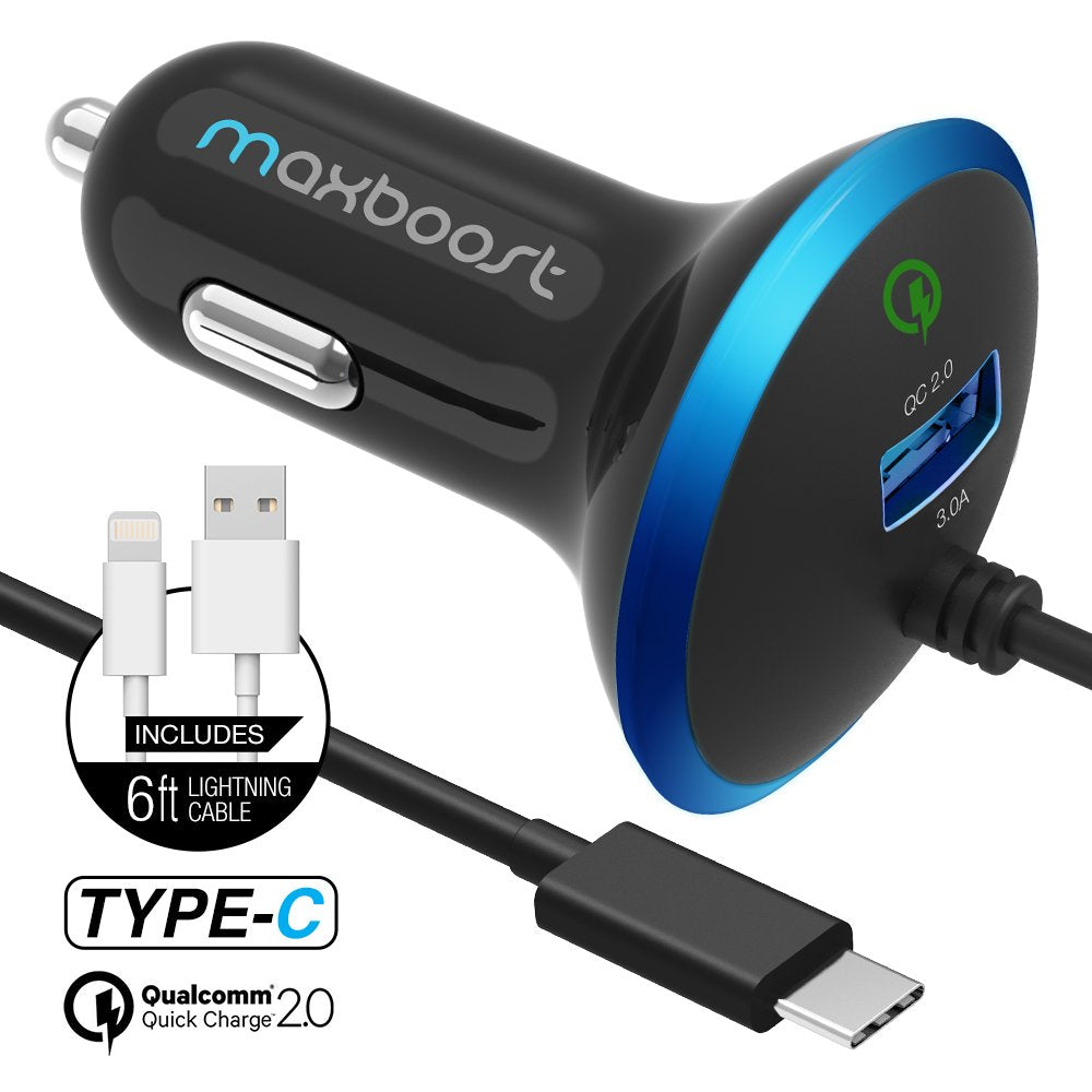 Maxboost Bundle Type C Car Charger 35W with Quick Charge 2.0 Technology Built-in Type-C (3.1) Cable [Black] + 6ft Lightning Cable [White]