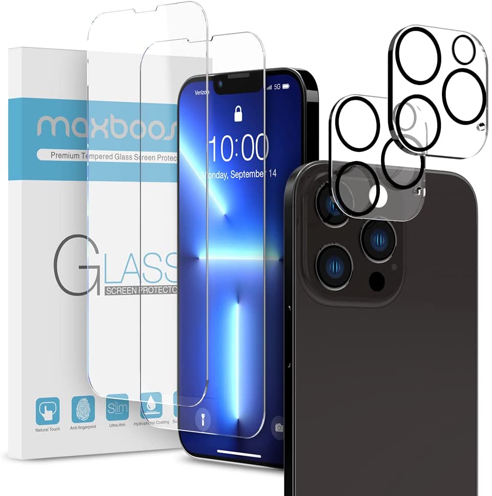 Maxboost 2 Pack Screen Protector Compatible for iPhone 13 Pro Max [6.7 inch] + 2 Pack Camera Lens Protector Tempered Glass Film HD/9H Hardness (w/Alignment Case Tool Included)